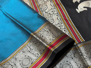 Teal blue with black Premium Handwoven Pure Zariless Kanchipuram Silk with Annapakshi Pallu beauty