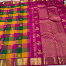 Sahana- Gorgeous Palum Pazhamum Multichecks with Gandaberunda Motifs Handwoven Pure Jari Kanjivaram Silk with rich borders gorgeous pallu and contrast zari striped beautiful blouse