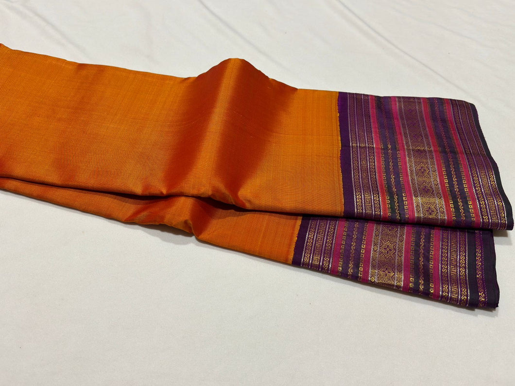 Orange with Deep Wine Korvai Handwoven Pure Jari Kanjivaram Silk Saree Meenakari Varisaipet Borders Beauty