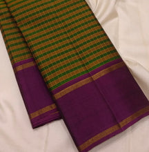 Sahana- Gorgeous Green and Mustard Handwoven Pure Jari Kanjivaram with multichecks kottadi Jari Podikattam with beautiful borders rich pallu and contrast woven wine blouse