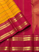 Vaibhogam- Mesmerizing Mustard with Ganga Jamuna Handwoven Pure Jari Korvai Kanjivaram Silk with neliveldhari woven beautiful body with rettapet borders rich seepu rekku pallu in arakku with contrast arakku blouse
