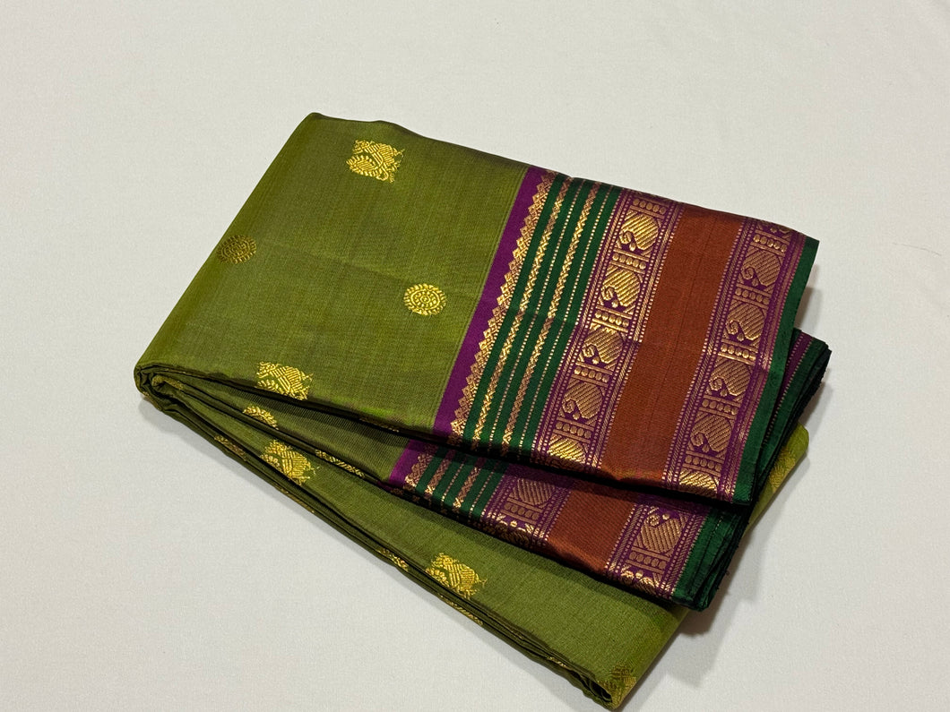 Olive Green with Deep Magenta Buttas Handwoven Pure Jari Kanjivaram Silk Saree with Varisaipet Borders beauty