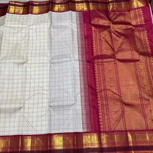 Offwhite with Deep red Checks Handwoven Pure Jari Korvai Kanjivaram Silk Saree Beauty