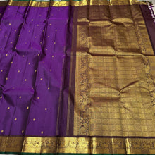 Nayaki- Gorgeous Deep Purple with Brown Buttas Handwoven Pure Jari Kanjivaram Silk with beautiful deers woven borders rich pallu and contrast woven blouse