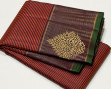 Sahana- Stunning Rust with Deep Brown Handwoven Pure Kanjivaram Silk with striped body border buttas rich pallu and contrast woven blouse