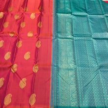 Saranga- Gorgeous Dual tone Orange With Turquoise Green Borderless Handwoven Pure Jari Kanjivaram Silk with Muthukattam woven body with beautiful paisley motifs rich 1000 buttas style woven pallu and contrast woven blouse