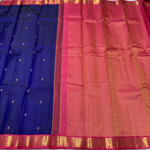 Deep Blue with Rose Pink Korvai with Buttas Small borders Handwoven Pure Kanjivaram Silk Saree Beauty