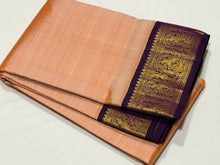 Sarasangi- Gorgeous Sandal with Deep Purple Handwoven Pure Jari Korvai Kanjivaram Silk with beautiful yazhis and annapakshis woven borders rich pallu and contrast woven blouse