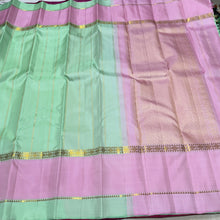 Sahana- Gorgeous Pastel Pista Green with Lotus Pink Handwoven Pure Jari Kanjivaram Silk with Striped body beautiful borders rich pallu and contrast woven blouse