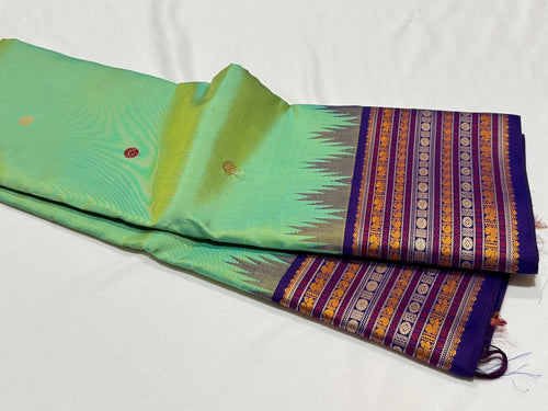 Pista Green with Violetish Blue Korvai with buttas Varisaipet Borders Handwoven Pure Zariless Kanjivaram Silk Saree Beauty