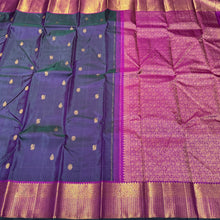 Dual tone Manthulir Green short with Purple Body with Dark Magenta Borders Pallu and Blouse Handwoven Pure Kanjivaram Silk Saree with Buttas and Mayilkan Borders Beauty