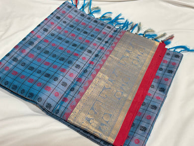 Pastel Blue with Red and Gold 1000 Buttas Handwoven Premium Kanjivaram Silkcotton Saree Beauty