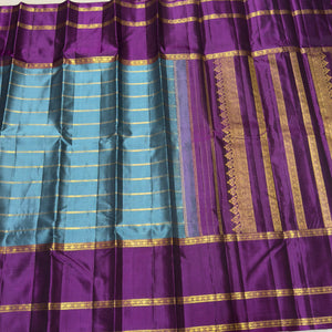 Teal blue with deep wine Beldhari Stripes with Long Bordered Handwoven Pure Jari Kanjivaram Silk Saree Beauty