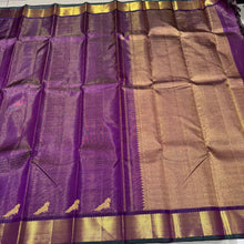 Beautiful Purple with Gold Handwoven Pure Vairaoosi Woven Kanjivaram Silk with Parrots woven beautiful lower borders with rich borders pallu and self colored blouse
