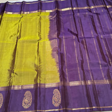 Olive Green with Dark Aubergine Purple Self Striped body with border paisley motifs Handwoven Pure Classic Simple Kanchipuram Silk Saree Beauty