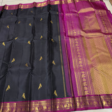 Sahana- Stunning Dark Kanchana Black with Deep Magenta Rettai Kili Buttas Handwoven Pure Jari Kanjivaram Silk with beautiful borders rich pallu and contrast woven blouse