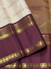 Vaibhogam- Gorgeous Ivory White with Bronze Mustard and Maroonish Brown Handwoven Pure Zari Korvai Kanjivaram Silk with Ganga Jamuna Borders rich doublepet borders rich getti zari pallu and contrast veldhari striped blouse