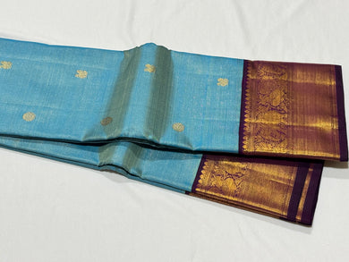 Light Ananda Blue with Deep Purple Buttas Vairaoosi Korvai Handwoven Pure Jari Kanjivaram Silk Saree Beauty