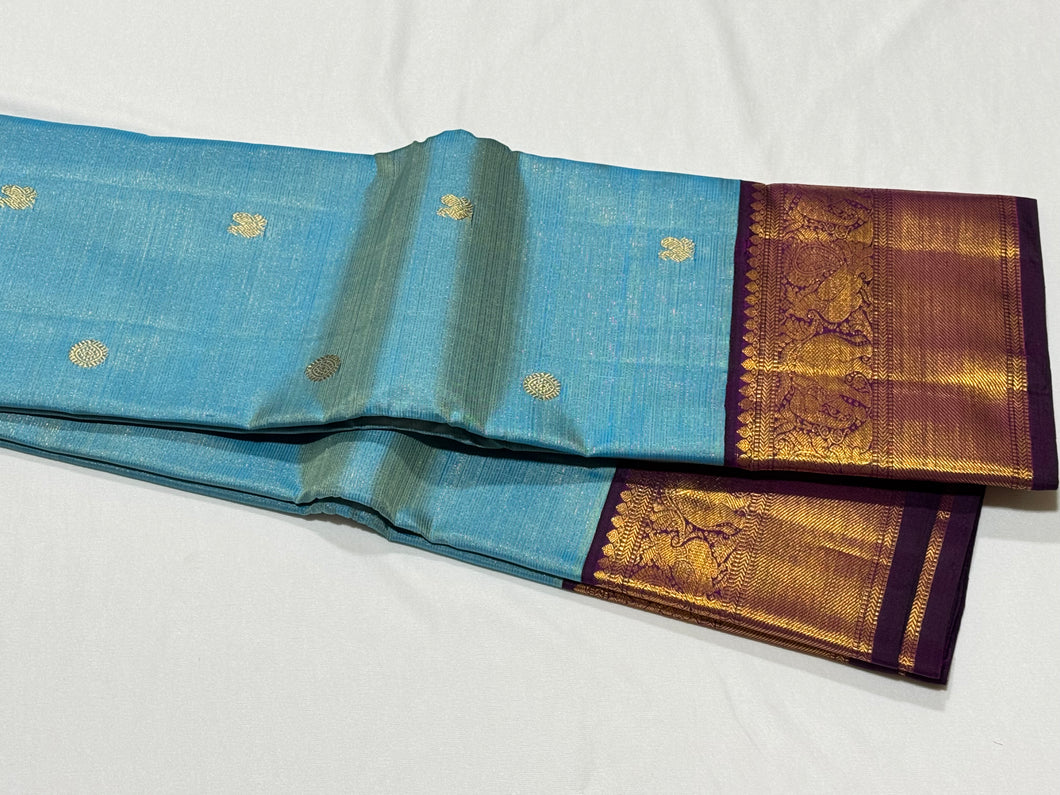 Light Ananda Blue with Deep Purple Buttas Vairaoosi Korvai Handwoven Pure Jari Kanjivaram Silk Saree Beauty