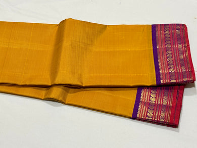 Sampanga Mustard yellow with Purple Handwoven Pure Jari Korvai Kanjivaram Silk Saree with intricate borders rekku pallu beauty