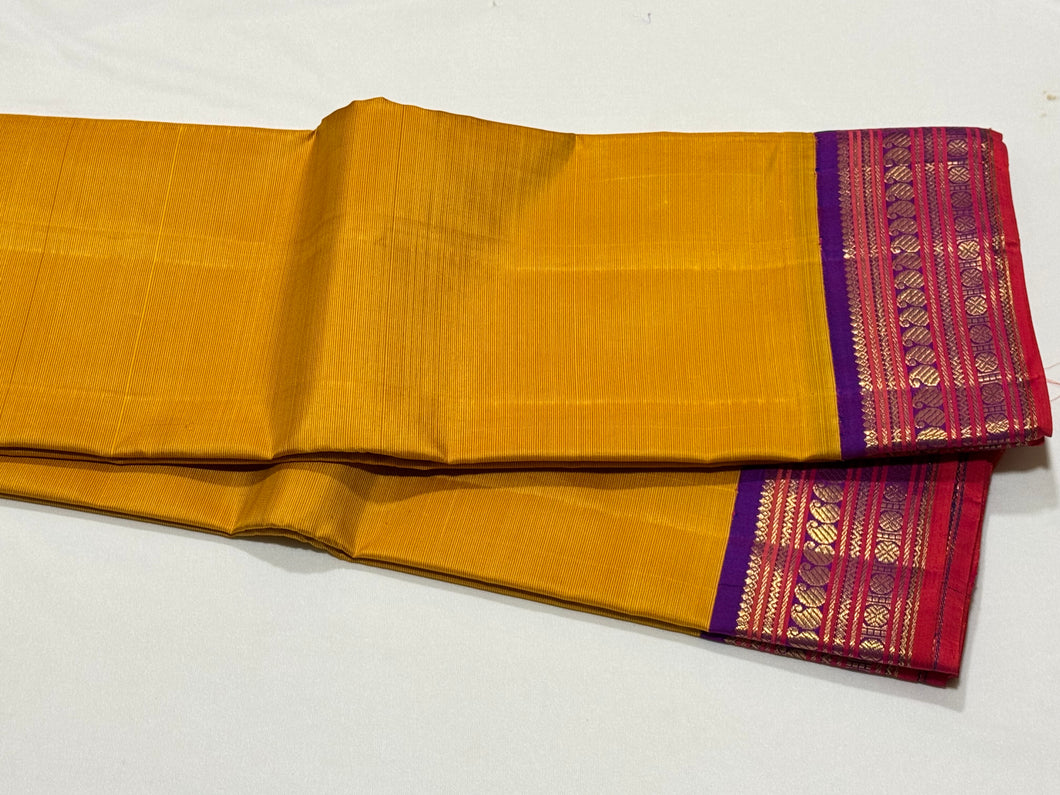 Sampanga Mustard yellow with Purple Handwoven Pure Jari Korvai Kanjivaram Silk Saree with intricate borders rekku pallu beauty