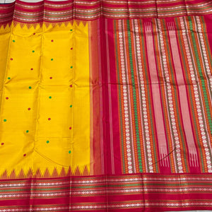 Yellow with Red Korvai with Buttas Handwoven Pure Zariless Temple Varisaipet Border Kanjivaram Silk Saree Beauty