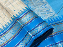 Offwhite with Copper Sulphate Blue Muthukattam with Buttas Handwoven Pure Zariless Korvai temple borders Kanjivaram Silk Saree Beauty