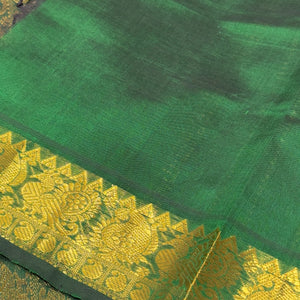 Sky Blue with Bottle Green Handwoven Pure Kanjivaram Hand Pichwai Block Printed Silkcotton Saree Beauty