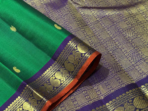 Emerald Green with Purple with Buttas Handwoven Pure Kanjivaram Silk Saree Beauty