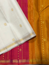 Saranga- Stunning Offwhite with Golden Mustard and Orange Pink Handwoven Pure Jari Small borders kanjivaram silk ,Double Pallu with beautiful mayil chakram buttas woven body rich pallu and contrast zari striped blouse