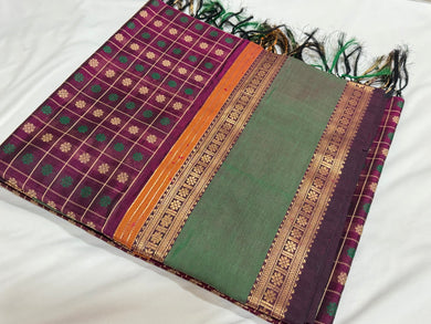 Vintage combo- Deep Purple  with Green 1000 Buttas Floral Premium Handwoven Pure Kanjivaram Silkcotton Saree Beauty