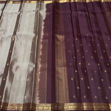 Sahana- Greyish Beige with Deep Brown Buttas with Small Borders Handwoven Pure Kanjivaram Silk with gorgeous pallu and contrast woven blouse