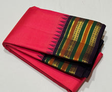 Vaibhogam -Strikingly beautiful Candy Pink with Dark Beetlenut Purple Vairaoosi Korvai with Varisaipet Borders Handwoven Pure Jari Kanjivaram Silk Saree with rich meenakari varisaipet borders beautiful pallu and contrast woven blouse