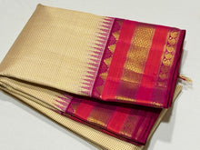 Offwhite with Muted checks tomato pink Handwoven Pure Jari Korvai Kanjivaram Silk Saree Beauty