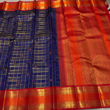 Vaibhogam-Gorgeous Deep Blue Orange Red Handwoven Pure Zari Kanijivaram Silk with rich jari checks and meena buttas woven beautiful body with rich borders pallu very intricately woven and contrast woven blouse