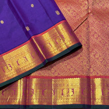 Sahana- Violetish blue with Burnt Orange Buttas Handwoven Pure Jari Kanjivaram Silk with beautiful borders with green selvedges rich pallu and contrast woven blouse