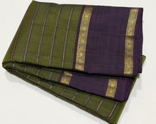 Sarasangi- Beautiful Olive Green with Deep Beetlenut Purple Handwoven Pure 2g Jari Kanjivaram Silk with Neli Veldhari in Jari woven beautiful body with doublepet borders rich woven pallu and contrast woven blouse beauty