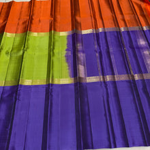 Sahana- Gorgeous Green wjth Purple and Rust Mubbagam Style Handwoven Pure Kanjivaram Silk with beautiful classic borders pallet and contrast woven blouse