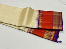 Ivory white with Purple and Orange Handwoven Pure Jari Korvai Kanjivaram Silk Saree with rich borders pallu and contrast woven blouse beauty