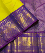 Vaibhogam-Mesmerizing Green Sampanga with Purple Handwoven Pure Jari Korvai Kanjivaram Silk with beautiful mayil chakram buttas woven body with rich gettipet borders rich pallu and contrast woven beautiful blouse
