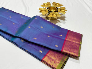 Dual tone Peacock Blue with Orange Red Buttas Handwoven Pure Kanjivaram Silk Saree Beauty