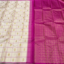 Saranga-Gorgeous Offwhite with Pink Handwoven Pure Borderless Kanjivaram Silk Saree with beautiful checked body with mayil chakram motifs woven body rich pink pallu and contrast blouse