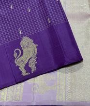 Saranga- Gorgeous Purple with Lavandar Handwoven Pure Twisted Gold & Silver Jari Borderless Kanjivaram Silk with buttas and checks woven beautiful body with simhayazhi borders rich pallu and contrast lavandar blouse