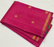 Saranga- Stunning Deep Rani Pink with Mayil Chakram Buttas woven body Handwoven Pure 2g Jari Kanjivaram Silk with double colored pallu and rich contrast golden mustard blouse