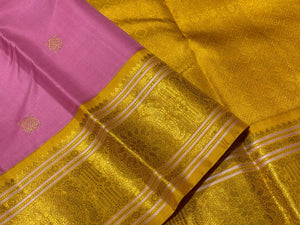 Pink with Gold Korvai with Buttas Handwoven Pure Jari Kanjivaram Silk Saree Beauty