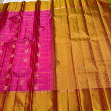 Rani Pink  with Golden Sampanga Checks with 1000 buttas style woven Handwoven Kanjivaram Silk Saree with classy plain borders rich pallu and contrast woven blouse beauty