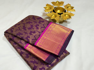 Deep Purple with Wine Brocade Vanasingaram Style Handwoven Pure Kanjivaram Silk Saree Beauty