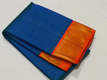 Sarasangi- Beautiful Peacock Blue with Orange Handwoven Pure Jari Korvai Kanjivaram Silk with beautiful borders rich pallu and contrast woven blouse