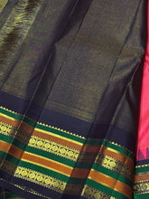 Vaibhogam -Strikingly beautiful Candy Pink with Dark Beetlenut Purple Vairaoosi Korvai with Varisaipet Borders Handwoven Pure Jari Kanjivaram Silk Saree with rich meenakari varisaipet borders beautiful pallu and contrast woven blouse