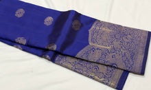 Vaibhogam- Stunning Royal Blue with Gold Handwoven Pure 2g Jari Kanjivaram Silk with beautiful peacocks and iruthalaipakshi motits woven body with beautiful turning borders with gorgeous weaving rich pallu and buttas woven blouse